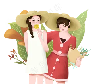 春分戴草帽两个女孩,免抠元素