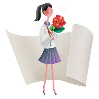 拿玫瑰花的女学生