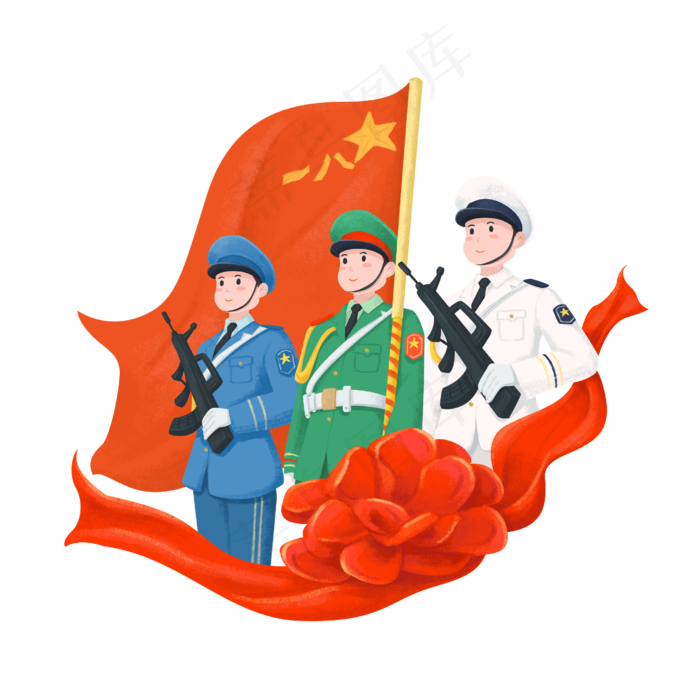 八一红礼花的现代军人,免抠元素