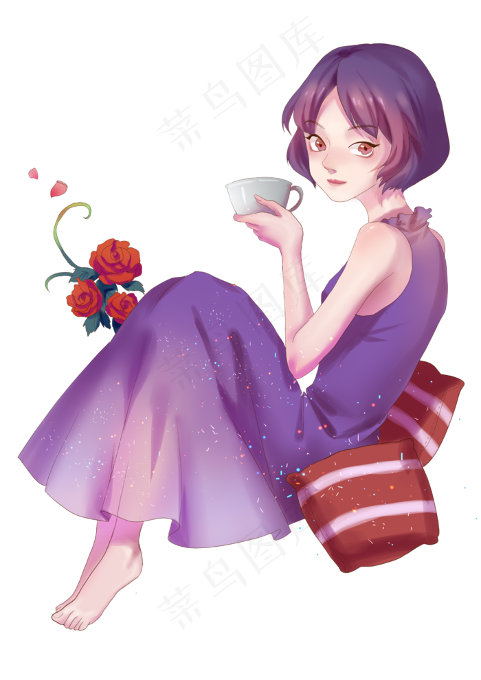 妇女节连衣裙女神喝咖啡,免抠元素(2480X3508(DPI:300))psd模版下载