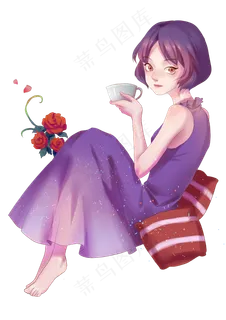妇女节连衣裙女神喝咖啡,免抠元素