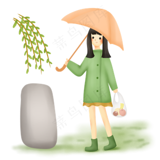 清明下雨女孩扫墓