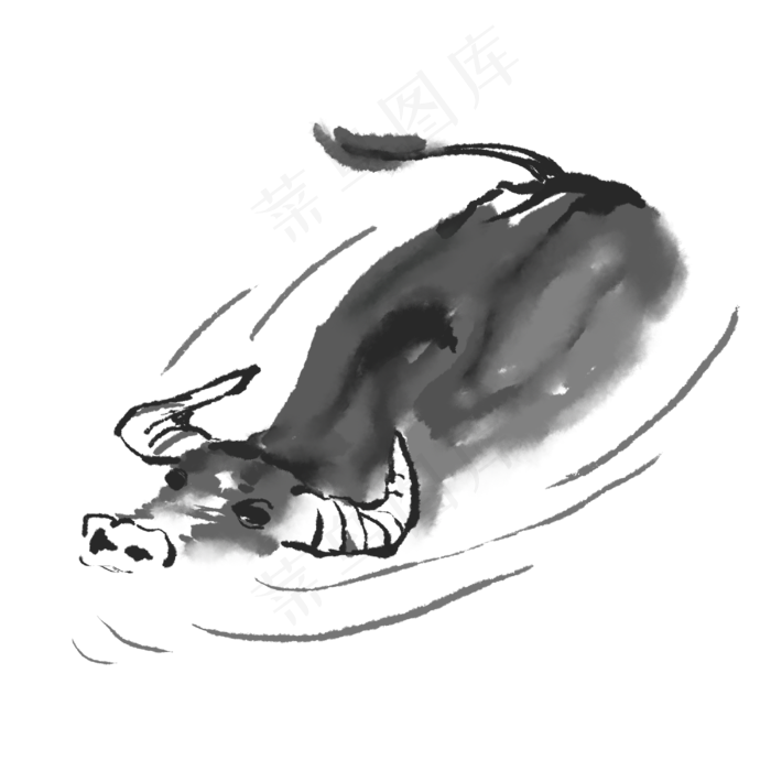 黑白水墨毛笔画水牛,免抠元素(3000*3000px 300 dpi )psd模版下载