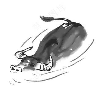黑白水墨毛笔画水牛,免抠元素