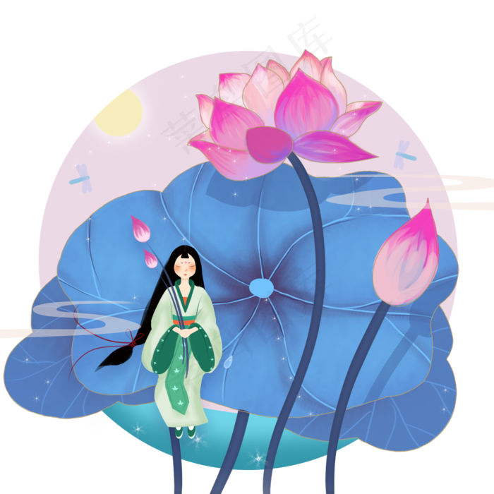 夏日月色荷花上的仙女