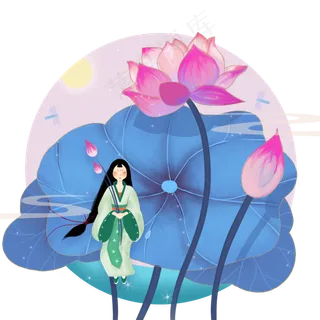 夏日月色荷花上的仙女