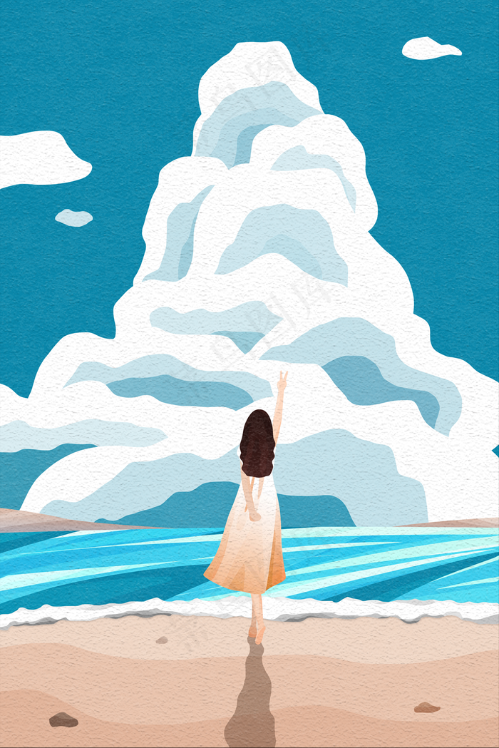 沙滩上穿长裙的女孩向天空伸剪刀手(3545X5315(DPI:300))psd模版下载