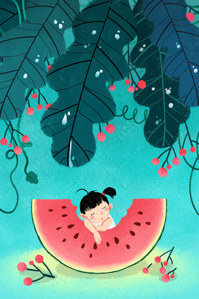 绿色系卡通手绘风夏景西瓜配图