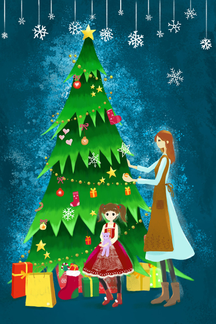 圣诞节家人布置圣诞场景