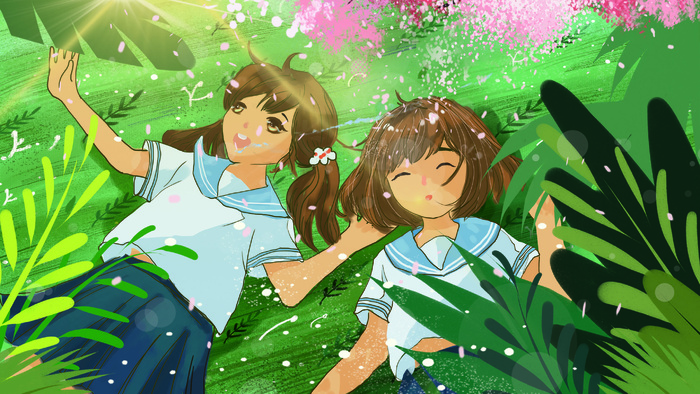 治愈唯美清新七月旅游少女休息夏至春天植物(2880*1620px 300 dpi )psd模版下载