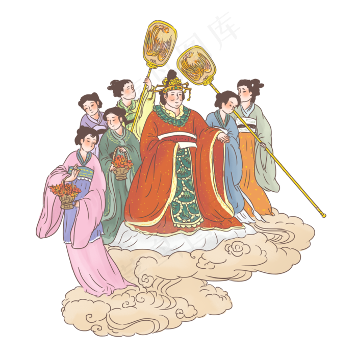 手绘中国古代神话传说西王母巡游,免抠元素(2000*2000px 300 dpi )psd模版下载