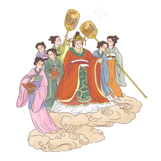 手绘中国古代神话传说西王母巡游,免抠元素