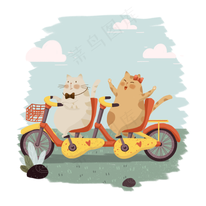 卡通春分节气猫咪骑自行车,免抠元素