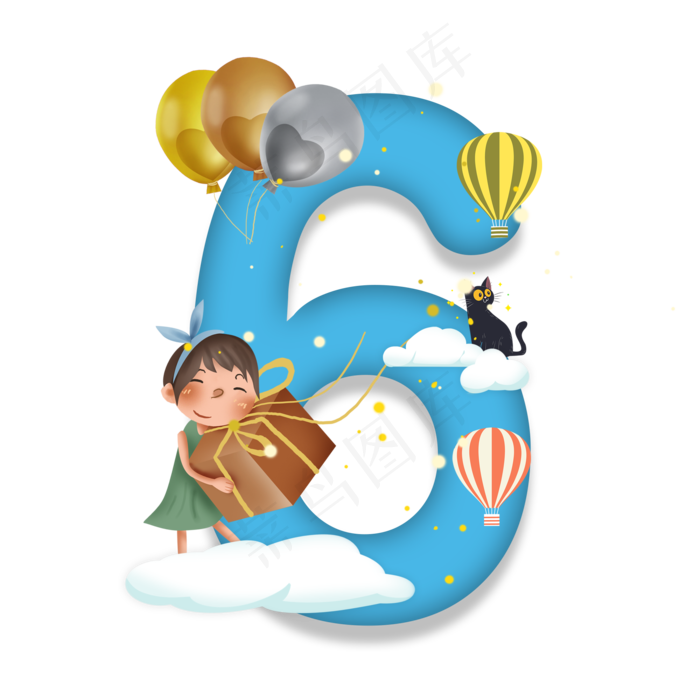 卡通儿童节站在白云上的小女孩数字6