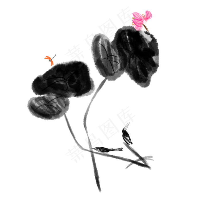 水墨中国风乌鸦荷叶元素