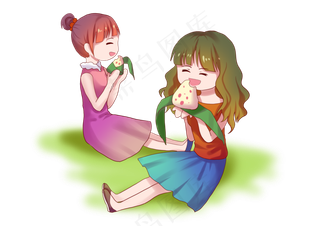 端午节好朋友坐在草地上吃粽子