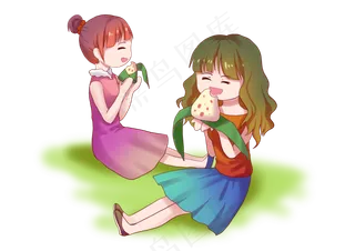 端午节好朋友坐在草地上吃粽子