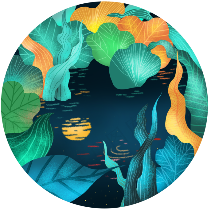 卡通夜晚的荷塘月色风景图