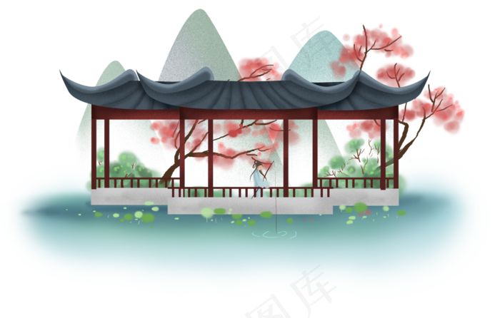 中国风古风亭中钓鱼的少女,免抠元素(4933*3147px 300 dpi )psd模版下载