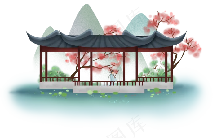 中国风古风亭中钓鱼的少女,免抠元素(4933*3147px 300 dpi )psd模版下载