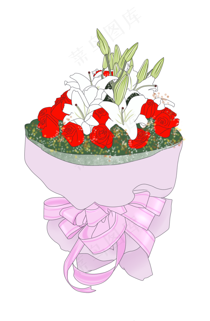 情人节手绘浪漫玫瑰百合花束PN