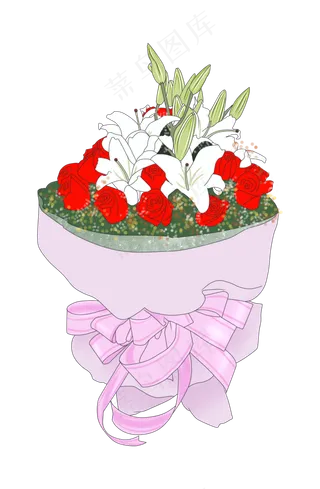 情人节手绘浪漫玫瑰百合花束PN