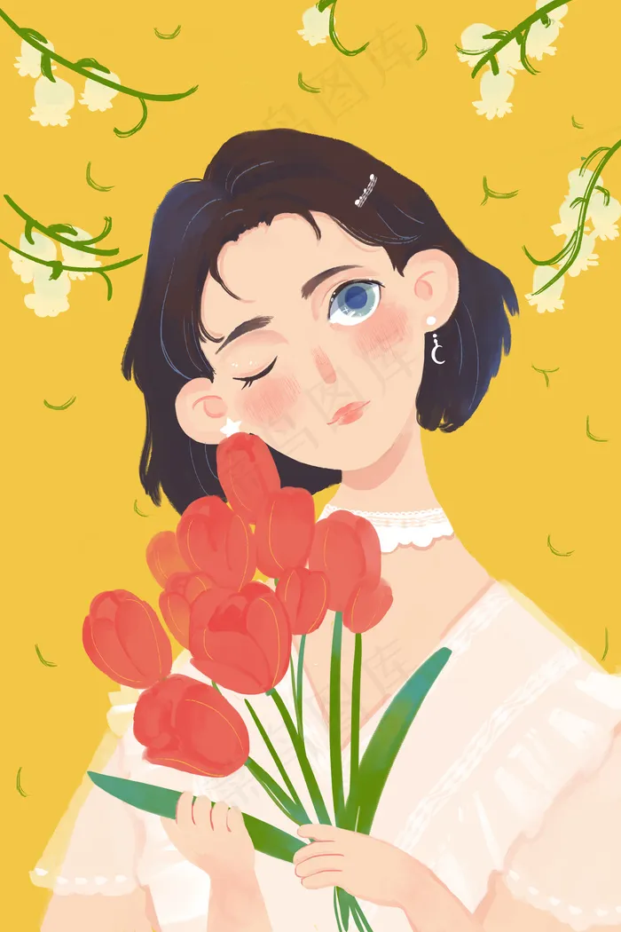 花与少女红色郁金香黄色小清新风(3545X5315(DPI:300))psd模版下载