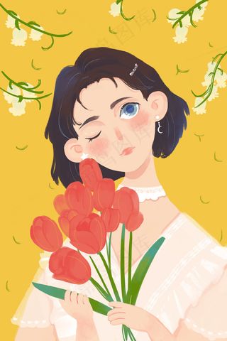 花与少女红色郁金香黄色小清新风