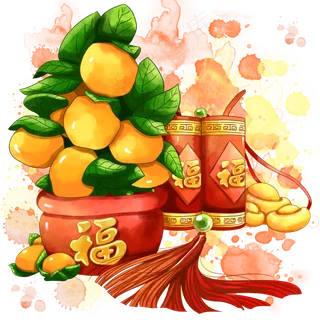 水彩春节橘子盆栽