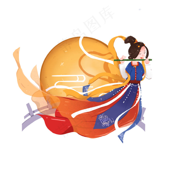 中秋节蓝色吹箫的飞天嫦娥,免抠元素(2000*2000px 300 dpi )psd模版下载