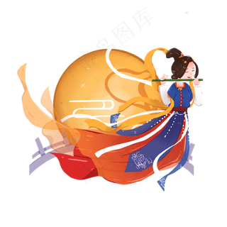 中秋节蓝色吹箫的飞天嫦娥,免抠元素