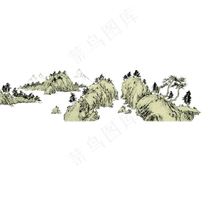 水墨山水国画工笔线条古典PNG,免抠元素