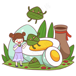 端午节绿色卡通元素吃粽子