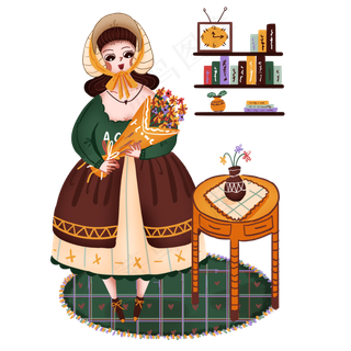 穿着复古服装抱着花的人物少女