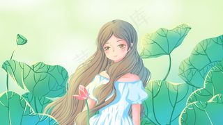 绿色唯美卡通治愈小清新夏季大暑节气配图