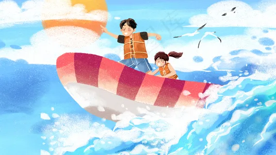蓝色系卡通手绘风夏景小暑海上游玩配图 蓝色系卡通手绘风夏景小暑海上游玩配图