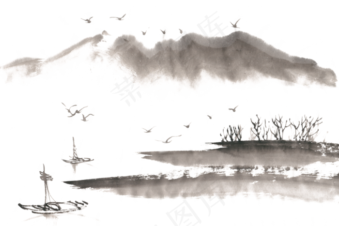 淡墨山水水墨画PNG免抠素材