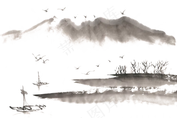 淡墨山水水墨画PNG免抠素材(7087*4724px 300 dpi )psd模版下载