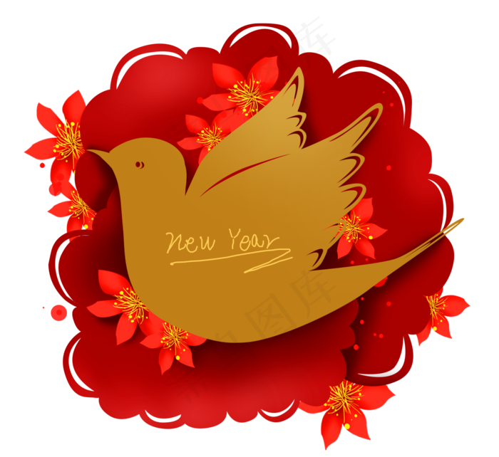 新年花鸟红色文字框,免抠元素