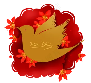 新年花鸟红色文字框,免抠元素 新年花鸟红色文字框,免抠元素