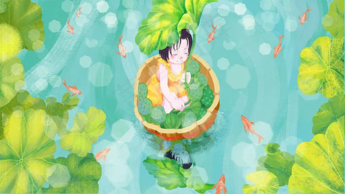 夏至夏季绿色肌理女孩采藕