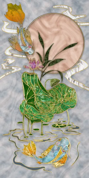 荷塘月色描金淡彩草绿色锦鲤荷花珐琅装饰画