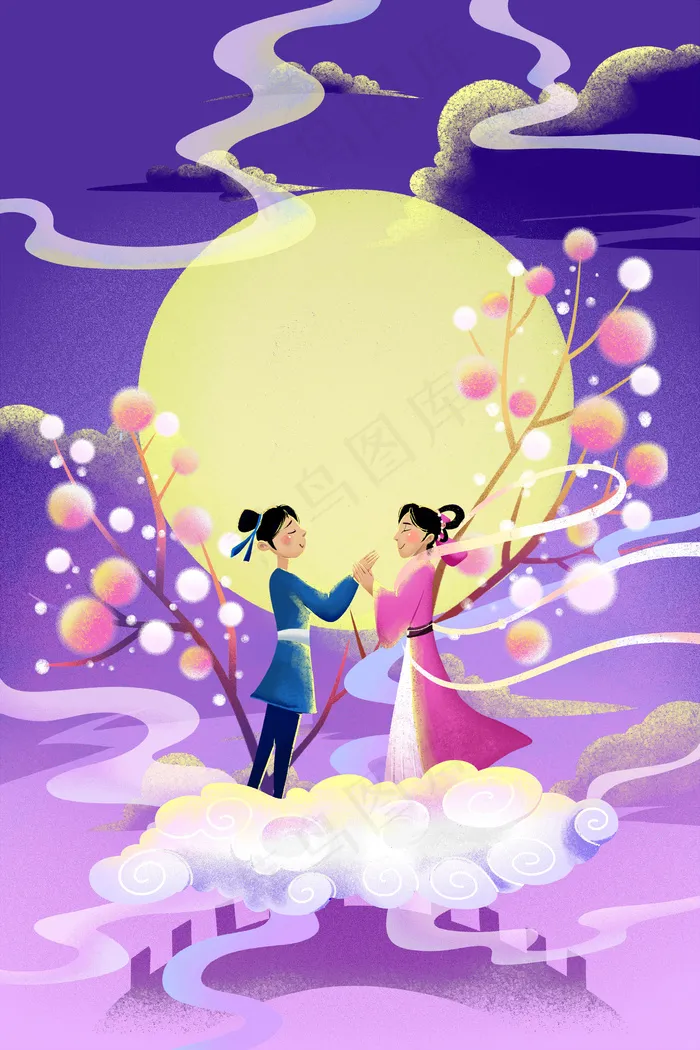 蓝色系卡通手绘风七夕牛郎织女配图(3545*5315px 300 dpi )psd模版下载
