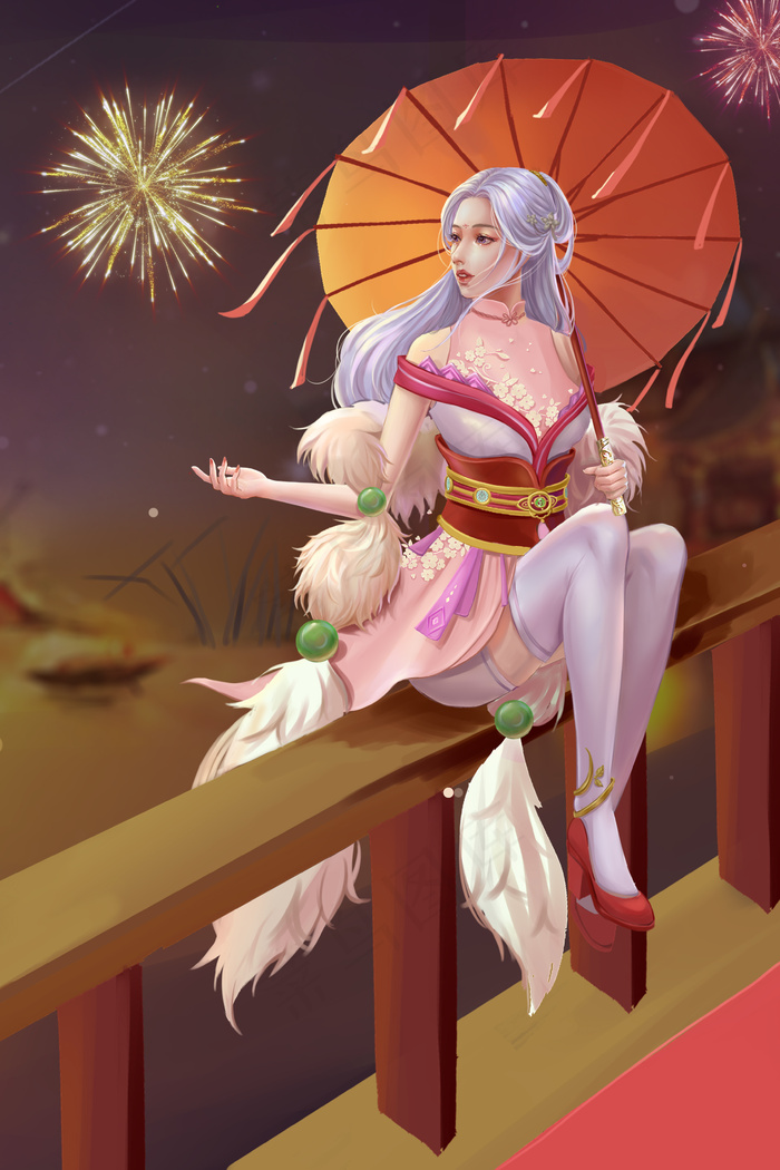 鼠年古风春节除夕夜桥上撑伞少女(3545*5315px 300dpi )psd模版下载