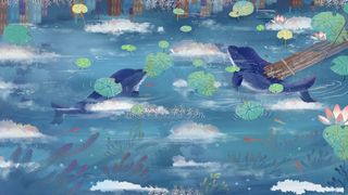 海豚嬉戏梦幻湖泊