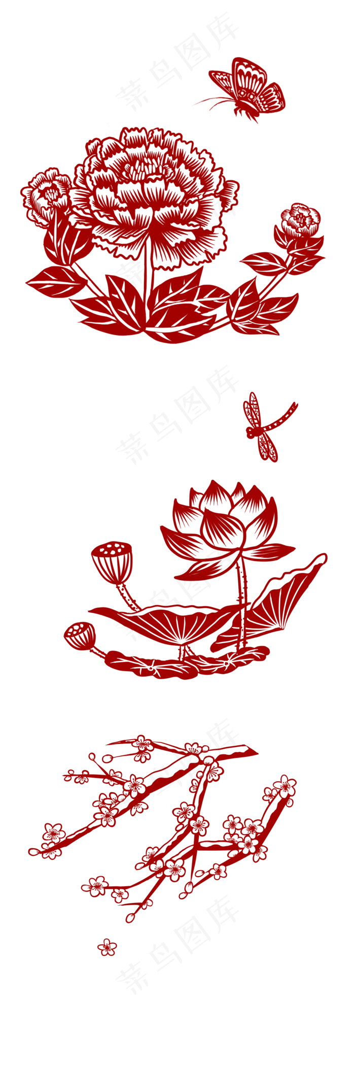 红色剪纸牡丹荷花梅花(1500X4500(DPI:300))psd模版下载