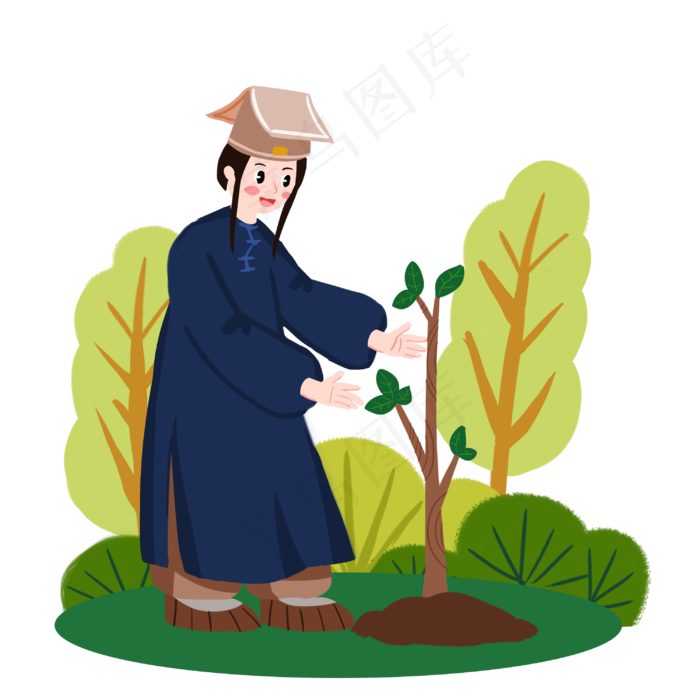 古装书生完成种树手绘人物PNG