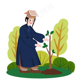 古装书生完成种树手绘人物PNG