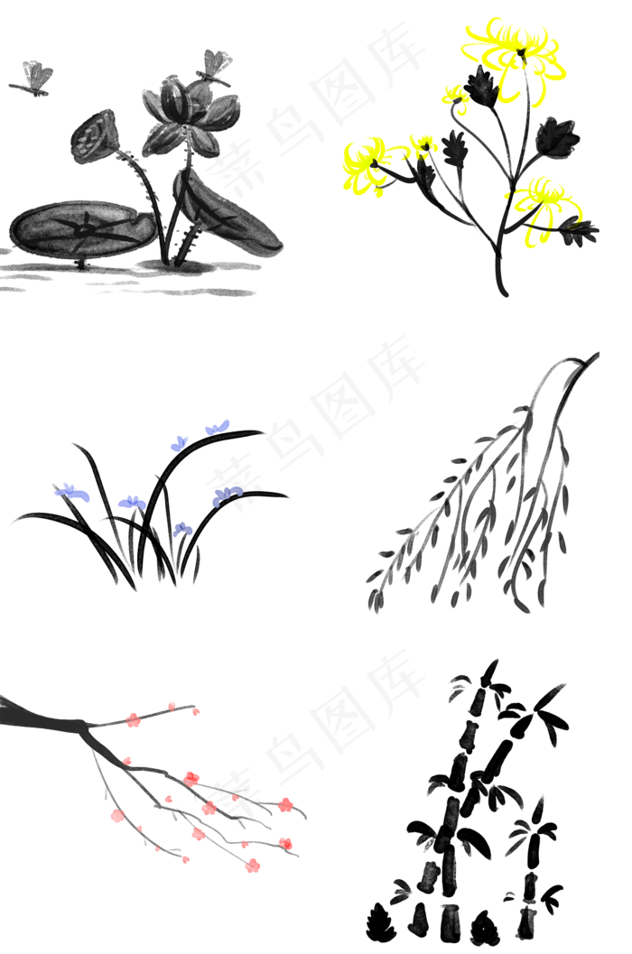 中国风水彩水墨梅兰竹菊荷花柳条(2000X3020(DPI:300))psd模版下载