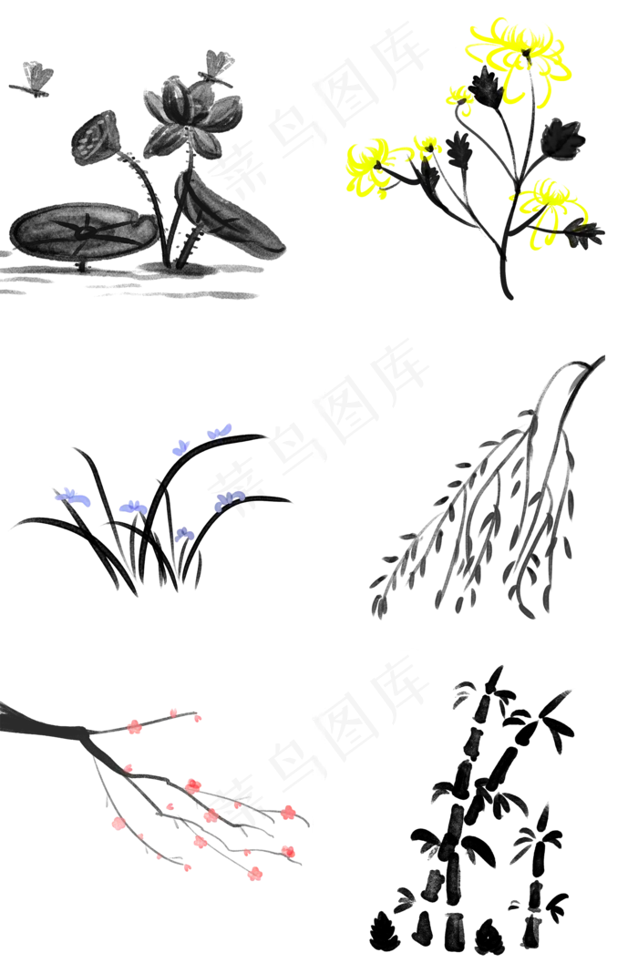 中国风水彩水墨梅兰竹菊荷花柳条(2000X3020(DPI:300))psd模版下载